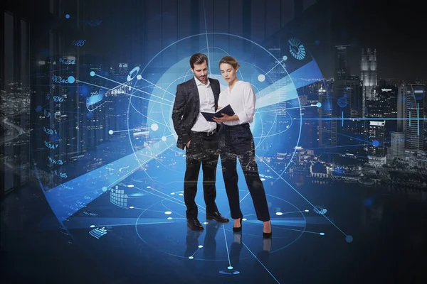 Businesswoman and businessman working together with financial report, hologram digital interface icons of thinking process on Singapore night panorama. Concept of new ideas for start up at Asia region