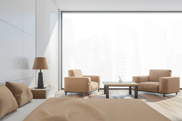 寄木細工の床にベージュのベッドと家具付きの白い寝室のインテリア 2つのアームチェアとコーヒーテーブル シンガポールのパノラマビュー 3Dレンダリング — ストック写真