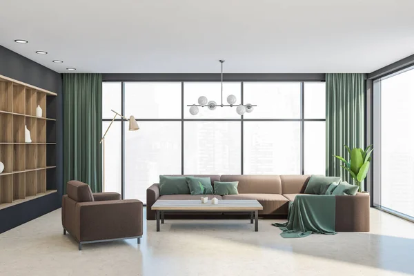 用褐色沙发和咖啡桌 扶手椅和装饰木架装饰房间内部 全景窗和绿色窗帘 新加坡城市景观 3D渲染 — 图库照片