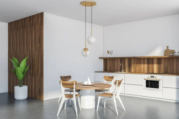 小厨房配备圆形餐桌和四个灰色地板椅子 侧面观景 带有现代家具和植物的简约内饰 架子上的厨房用具 3D渲染 — 图库照片