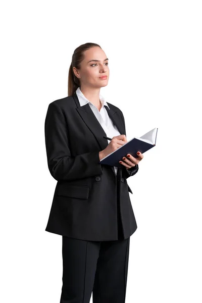 Atractiva Mujer Negocios Traje Formal Camisa Está Sosteniendo Planificador Pluma —  Fotos de Stock