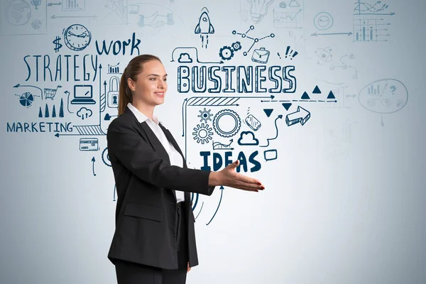 Office woman smiling offer hand to shake, boss in black office suit. Doodle drawing with arrows, graphs and network icons. Concept of business strategy and business offer