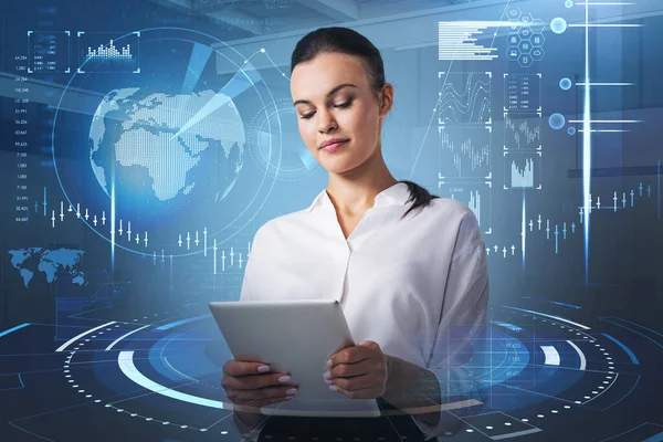 Office Woman Working Tablet Stock Market Statistics Interface Blue Glowing — Stock Photo, Image