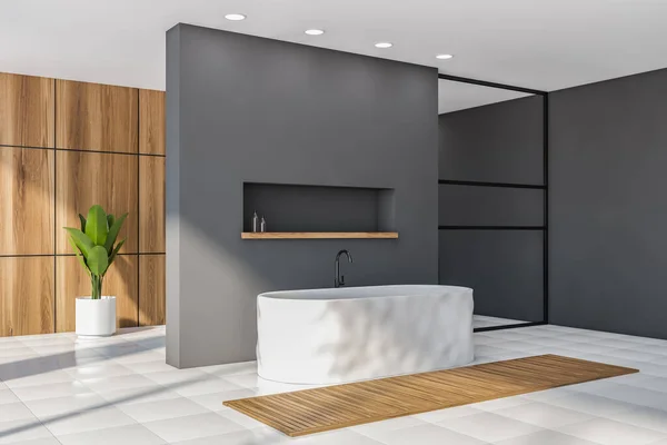 现代浴室的角落 有木制和灰色的墙壁 铺了瓷砖的地板 舒适的浴缸和黑暗的木制台面上的水池 3D渲染 — 图库照片