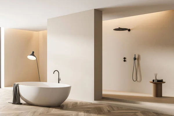 Beige Bathroom Interior White Bathtub Minimalist Shower Side View Bathing — Stock Photo, Image