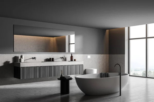 Dark Bathroom Interior White Bathtub Two Sinks Bath Accessories Side — Stock Photo, Image
