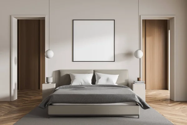 Light Bedroom Interior Bed Grey Carpet Parquet Floor Coffee Tables — Stock Photo, Image