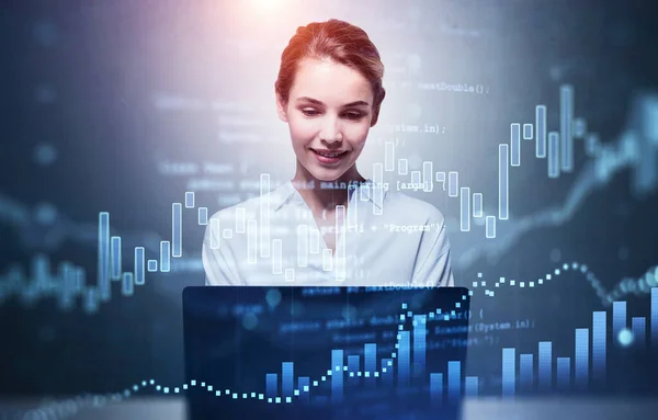 Office Woman Smiling Looking Screen Laptop Stock Market Changes Forex — Stock Photo, Image