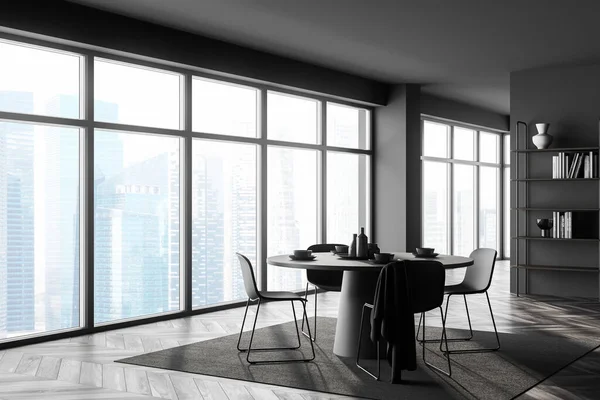 Esquina Elegante Comedor Con Paredes Grises Suelo Hormigón Ventana Panorámica —  Fotos de Stock