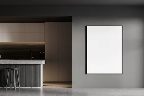 Intérieur Cuisine Moderne Avec Murs Blancs Gris Sol Pierre Bar — Photo