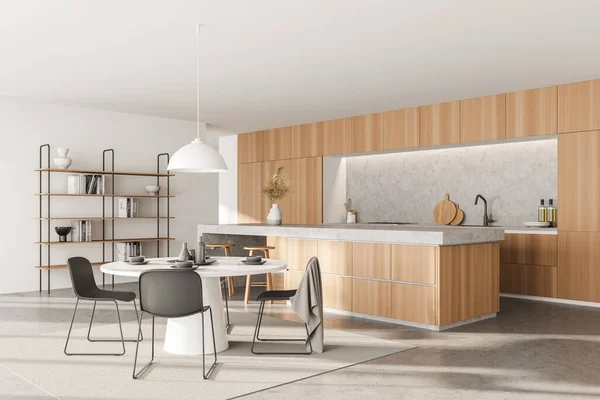 Hoek Van Moderne Keuken Met Witte Houten Muren Betonnen Vloer — Stockfoto