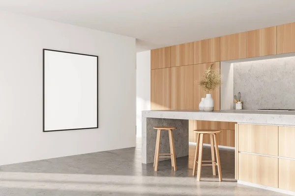 Hoek Van Moderne Keuken Met Witte Houten Muren Betonnen Vloer — Stockfoto