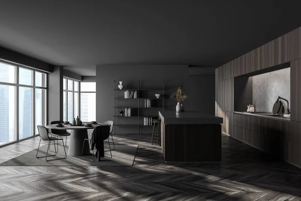 Interieur Der Stilvollen Küche Mit Grauen Und Hölzernen Wänden Dunklem — Stockfoto