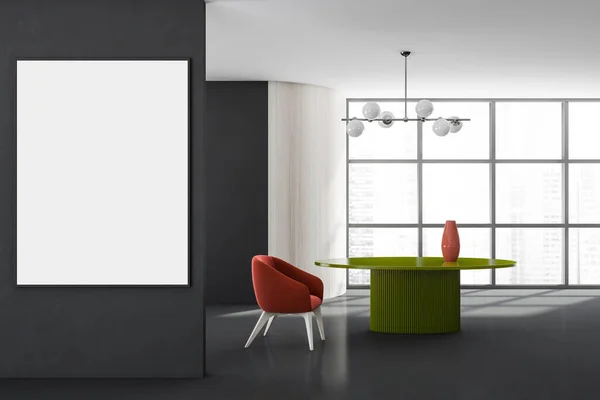 Stylový Interiér Moderního Obývacího Pokoje Budově Mrakodrapu Designovým Křeslem Zeleným — Stock fotografie