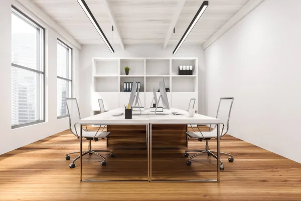 Side View Modern Office White Walls Wooden Floor White Computer — Stock Photo, Image