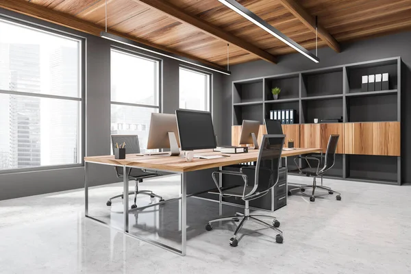 Workplace Stylish Office Corner Gray Walls Concrete Floor Wooden Computer — Stock Photo, Image