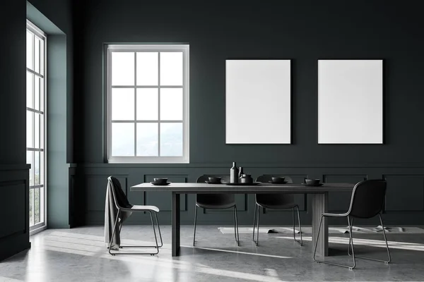 Interior Elegante Comedor Con Paredes Color Verde Oscuro Suelo Hormigón — Foto de Stock