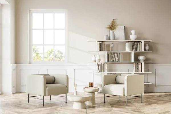 Interieur Eines Modernen Wohnzimmers Mit Weißen Wänden Holzboden Weißem Sessel — Stockfoto