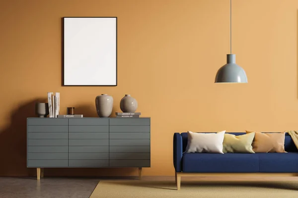 Interiér Stylového Obývacího Pokoje Oranžovými Stěnami Betonovou Podlahou Modrou Pohovkou — Stock fotografie