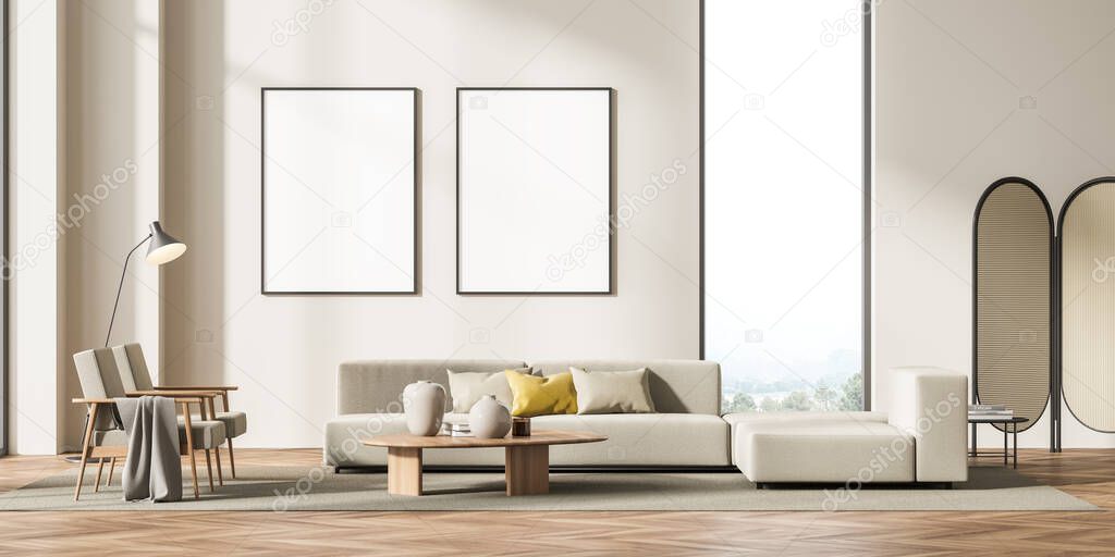 Two framed mockup posters in villa living room design interior, beige furniture on bright wall, wood floor, folding screen. Concept of relax. 3d rendering