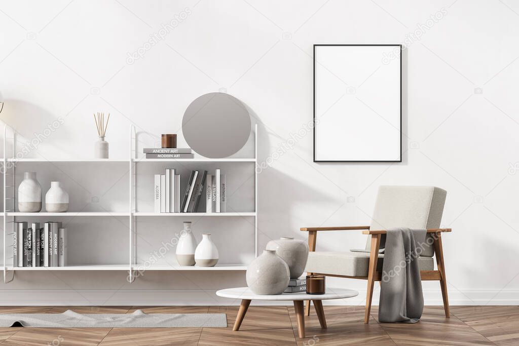 White living room, study or home library interior. Wooden floor, classic bookshelves with a round mirror standing on it, an armchair and round coffee table. Vertical mock up poster frame. 3d rendering