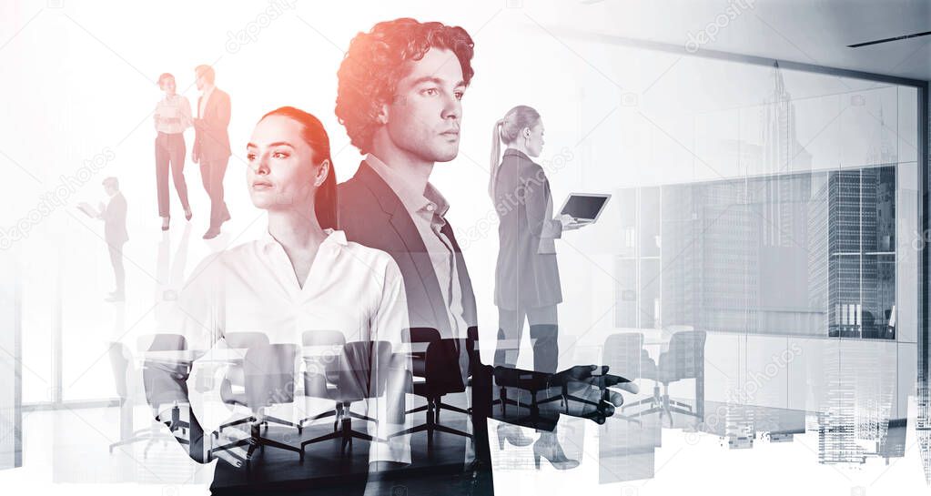 Diverse young professional business people rushing and looking for solutions in panoramic office space with skyscraper New York city view. Business development concept. Double exposure