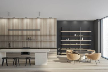 Minimalist mutfak, yuvarlak masa, koltuklar ve bar sandalyeleri. Parke zemindeki pencerenin yanına dekorasyon malzemesi, mutfak gereçleri ve yemek masası yerleştirin.