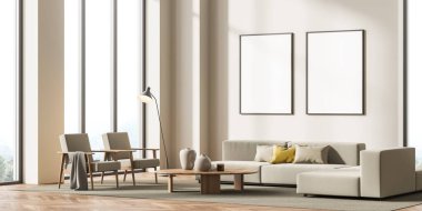 Villa oturma odasının iç dekorasyonunda iki çerçeve modeli poster, parlak duvarda bej mobilya, ahşap zemin, iki koltuk ve kanepe. Rahatlama kavramı. 3d oluşturma