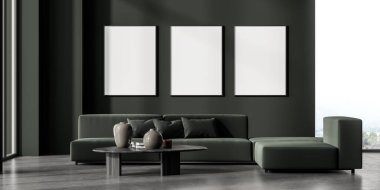 Villa oturma odasının iç tasarımı, yeşil mobilyalar, koyu duvar, beton zemin, büyük kanepe. Rahatlama kavramı. 3d oluşturma