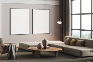 Villa oturma odasının iç dekorasyonunda iki çerçeve maketi, parlak duvarda bej mobilyalar, ahşap zemin. Rahatlama kavramı. Panoramik pencere. 3d oluşturma