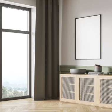 İçi ahşap klozet, içi kitaplar ve vazo, panoramik pencere ve parke zemin. Duvarda boş bir çerçeve kopyalama alanı, 3B oluşturma