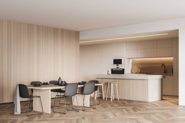 Beyaz ve ahşap duvarlı şık mutfak köşesi, parke zemin, sandalyeli uzun yemek masası, tabure ve dolaplı bar. İç tasarım kavramı. 3d oluşturma