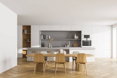 Mutfak odası, ahşap masa, altı sandalye, ön manzara, parke zemin. Raflar, fırın ve mutfak gereçleri ile iç dekorasyon seti, 3B