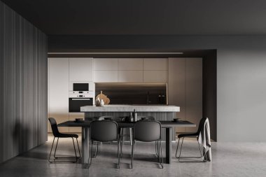 Beyaz ve gri duvarlı modern mutfağın içi, taş zemin, sandalyeli uzun yemek masası, tabure ve dolaplı bar. İç tasarım kavramı. 3d oluşturma
