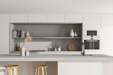 Açık mutfak odası, masa ve bar sandalyeleri, ön manzara. Raflar, yemek tarifi kitapları, fırın ve mutfak gereçleri, 3 boyutlu hazırlama