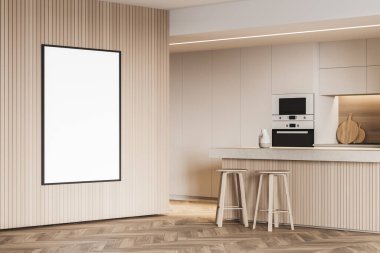 Beyaz ve ahşap duvarları olan şık bir mutfağın köşesi, parke zemin, tabure ve dolaplı bir bar. Dikey şablon oluşturun. İç tasarım ve reklamlar kavramı. 3d oluşturma