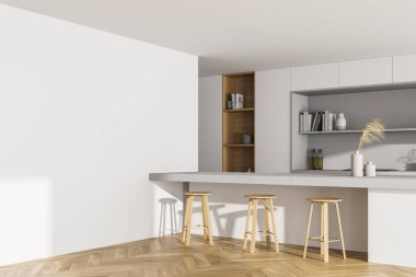 Açık mutfak seti, beton masa, parke zeminde üç tahta sandalye. Minimalist iç mekan yemek seti ve kitaplarla dolu raflar. Boşluk boş duvarını kopyala, 3B oluşturma