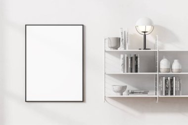 Yanında vazolar, lambalar ve dikey poster şablonu asılı klasik beyaz kitaplıklar. Eğitim, okuma, kültür ve sanat takdir kavramı. 3d oluşturma
