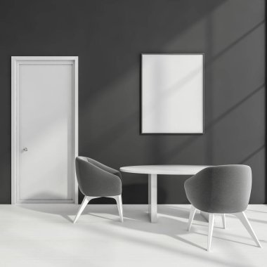 Modern boş ofis içi tasarım koltuğu ve beyaz yuvarlak masa, kapı çerçeveli poster, vinil zemin. İnsan yok. 3d oluşturma