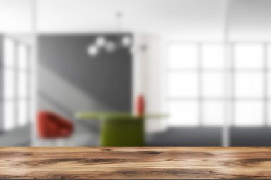 Ürün için boş bir yer. Gösterilecek raf. Modern oturma odasının iç kısmı kırmızı koltuk ve yeşil yuvarlak masa, lamba, panoramik pencereler bulanık arka plan. Ticari konsept. 3d oluşturma