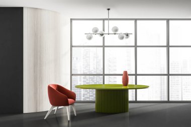 Gökdelen binasının içinde şık modern oturma odası tasarım koltuğu ve yeşil yuvarlak masa, vinil zemin. Fütürist avize. Ahşap duvar, pencere. İnsan yok. 3d oluşturma