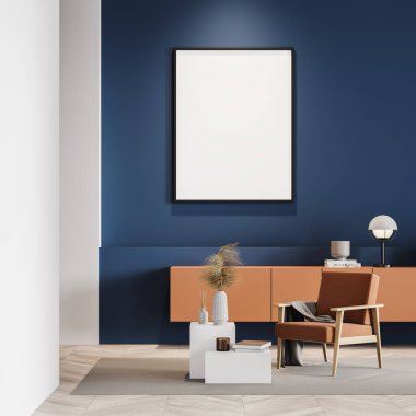 Modern oturma odasının tasarım koltuğu, beyaz çerçeveli poster, ahşap tabure ve parke zemini olan şık İskandinav kompozisyonu. Mavi duvar. Siyah ve beyaz. İnsan yok. 3d oluşturma