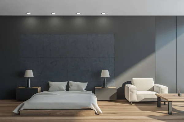 Dark Bedroom Interior Grey Bed Pillows Parquet Floor Tables Lamps — Fotografia de Stock