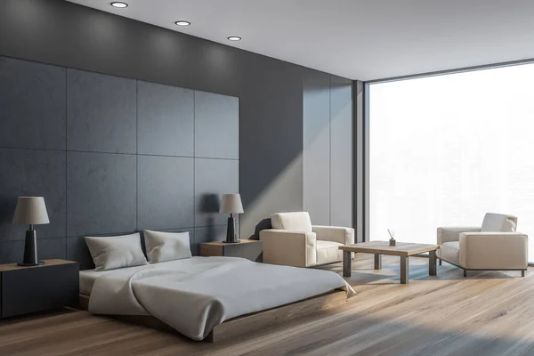 Dark Bedroom Interior Grey Bed Pillows Side View Parquet Floor — Foto Stock