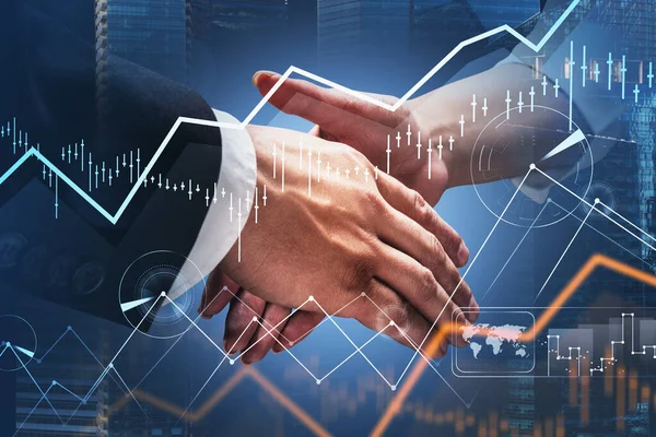 Concept Partnership Business Man Woman Handshake Forex Chart Downtown Financial — Foto Stock