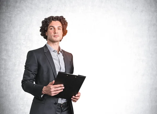 Office Man Black Suit Holding Business Report Hands Confident Young — Fotografia de Stock