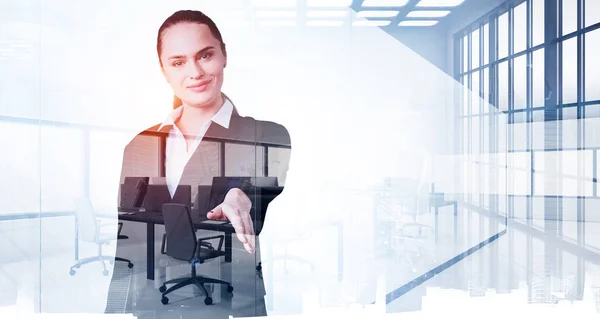 Office Woman Smiling Offer Hand Shake Looking Camera Toned Image — Stock Photo, Image