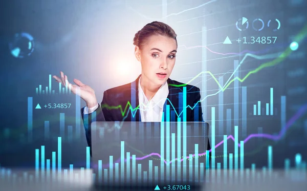 Boss Woman Suit Talking Gesturing Stock Market Changes Double Exposure — Stock Photo, Image
