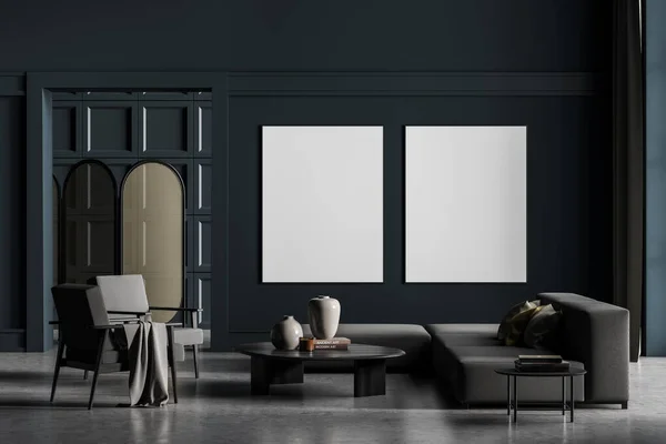 两幅框架造型海报在别墅客厅设计内部 米色家具在蓝色的墙壁上 石板地板上 折叠屏风 放松的概念 3D渲染 — 图库照片