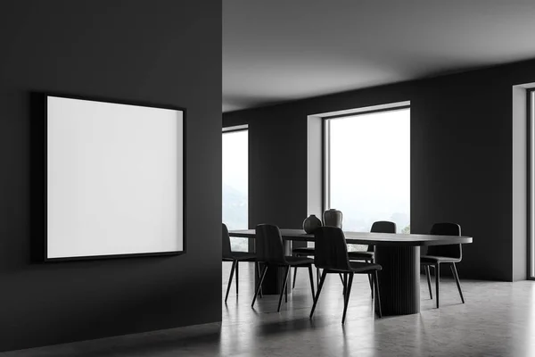 Grey Kitchen Room Interior Long Dining Table Black Chairs Grey — Fotografia de Stock
